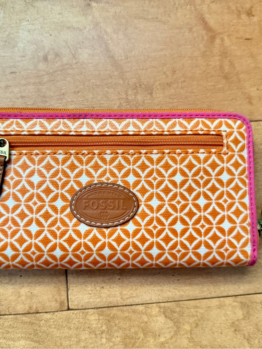 Fossil Orange Geometric Zip Wallet with Pink Trim